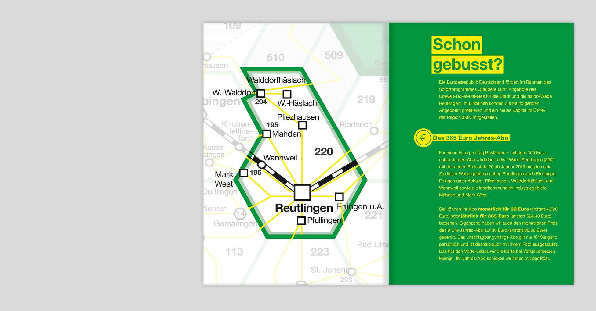 Seite 1 von 4 der Infobroschüre „Alles wird busser“ für den neuen Reutlinger Nahverkehr