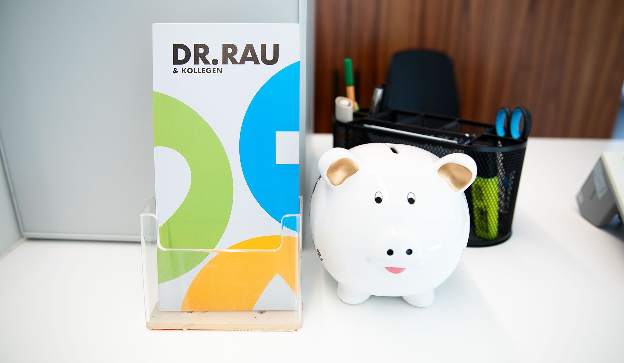 Flyer für die Praxis Dr. Rau &amp; Kollegen am Emfang neben einem Sparschwein