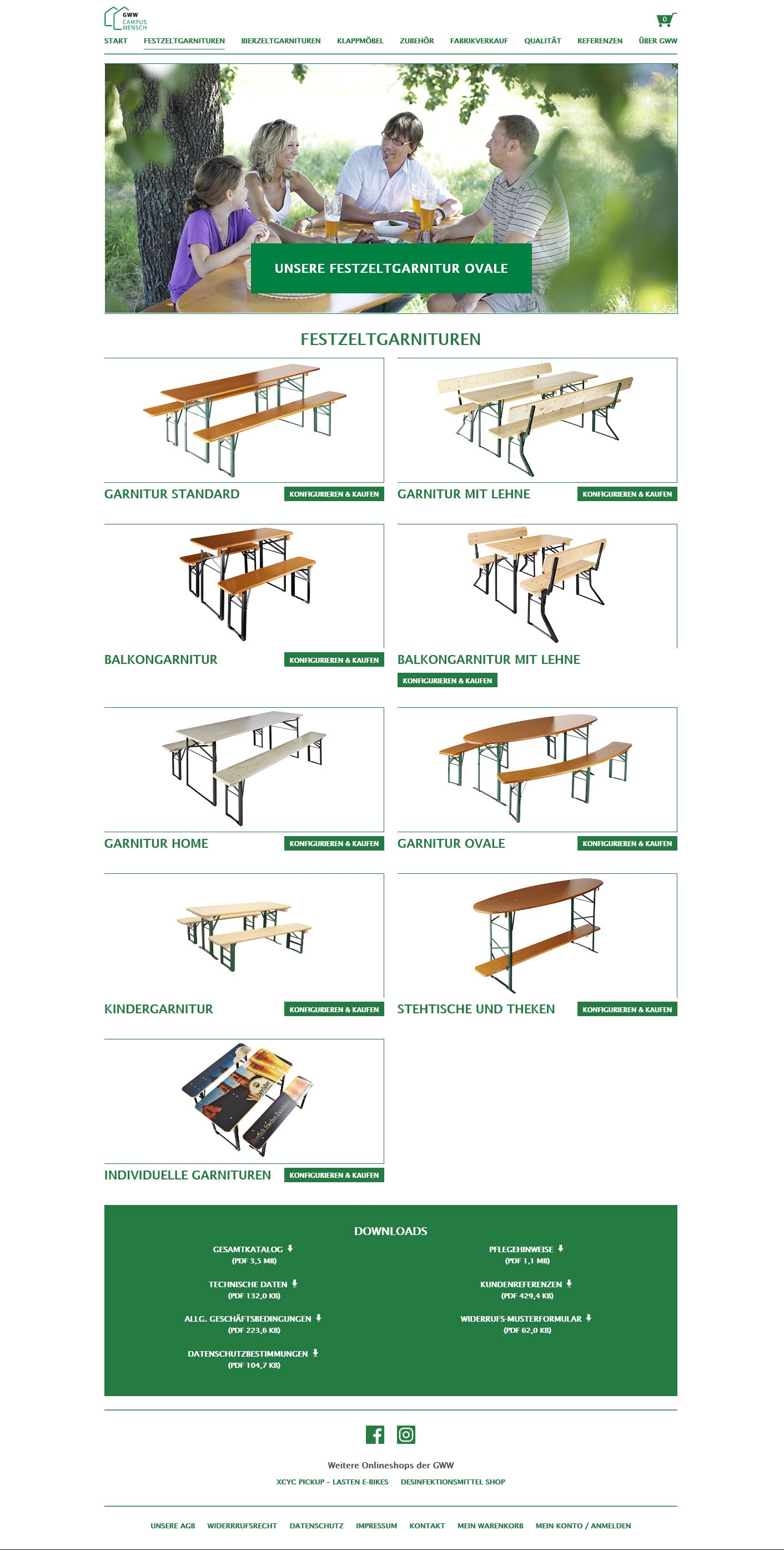Screenshot vom gesamten Festzeltgarnituren Shop von GWW