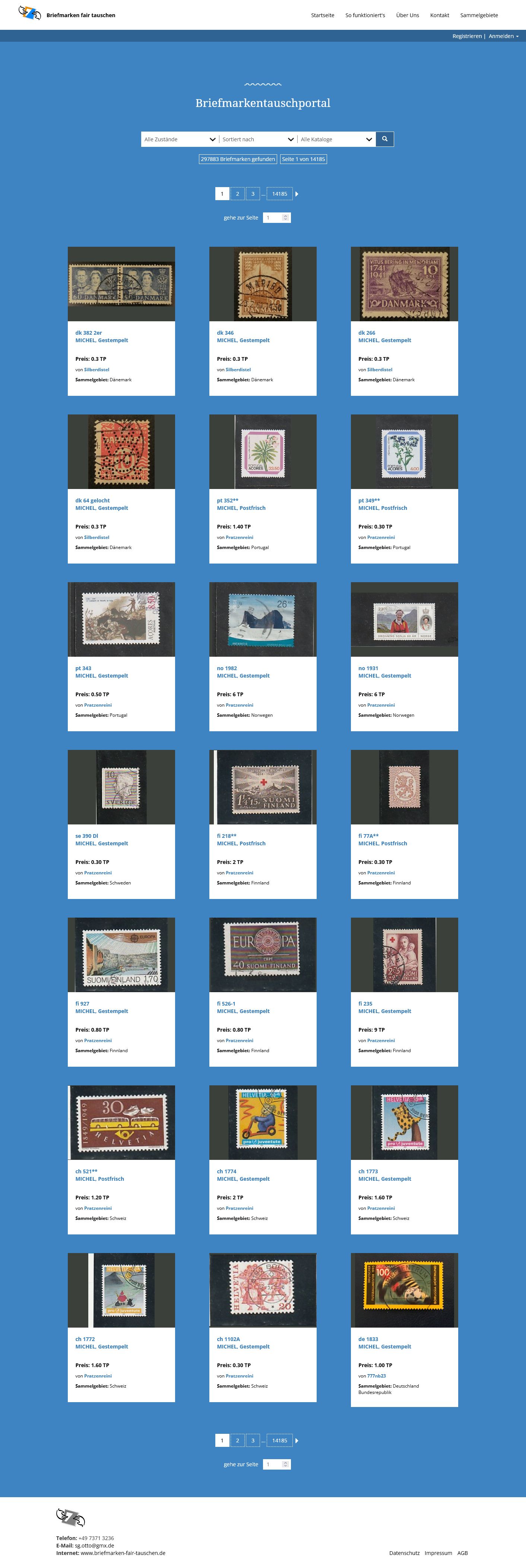 Screenshot von der gesamten Briefmarken fair tauschen webseite