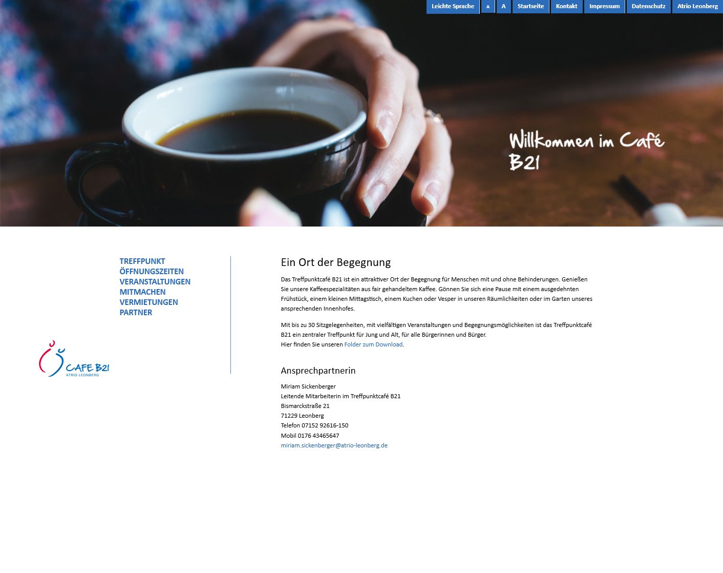 Screenshot der Microsite für das Cafe von Atrio Leonberg